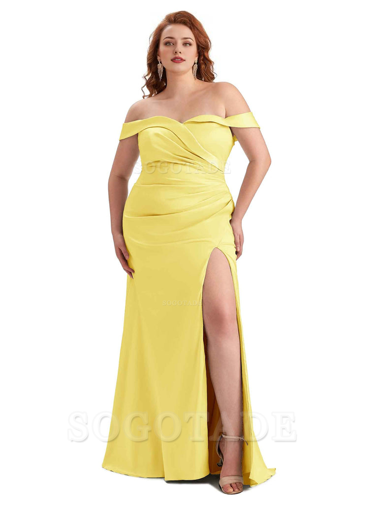Sexy Side Slit Off Shoulder Mermaid Soft Satin Long Plus Size Bridesmaid Gowns For Wedding