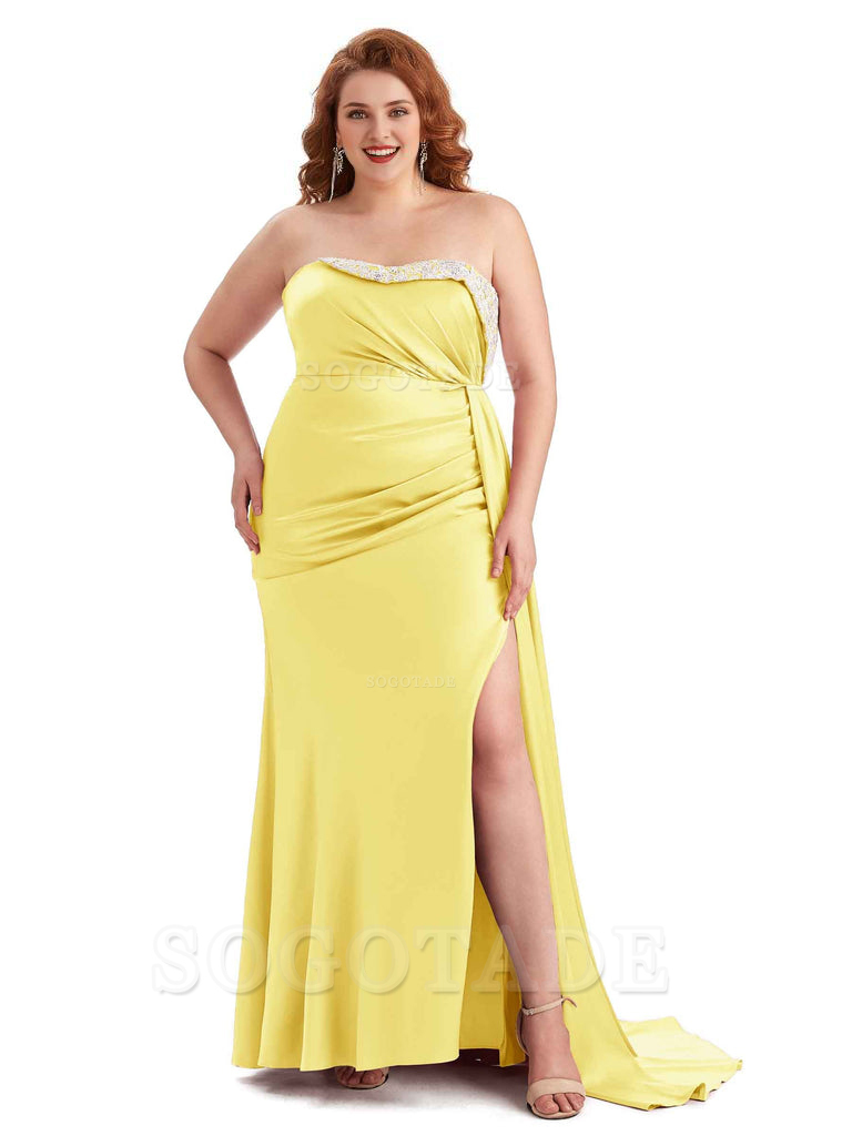 Sexy Side Slit Strapless Mermaid Lace Soft Satin Long Plus Size Maid of Honor Dresses