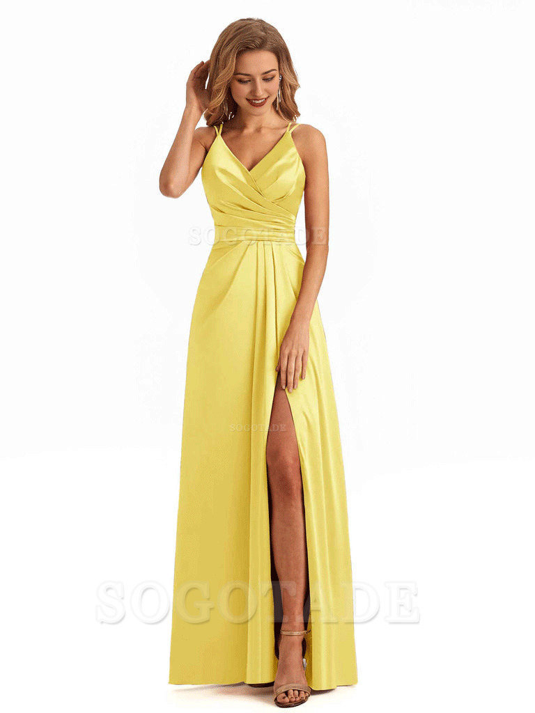 Soft Satin A-Line Spaghetti Straps V Neck Side Slit Maxi Long Bridesmaid Dresses