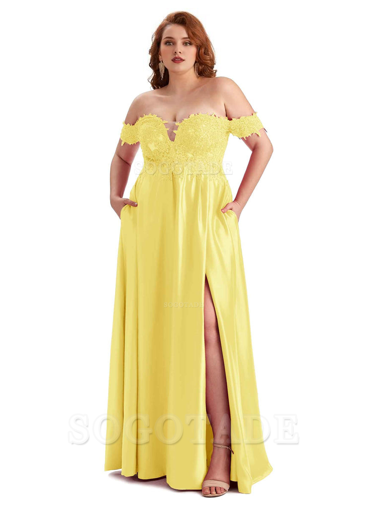 Off Shoulder Side Slit Lace Soft Satin Long Plus Size Bridesmaid Dresses For Wedding