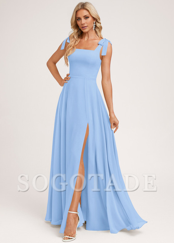 A-shaped square bow landing chiffon bridesmaid dress