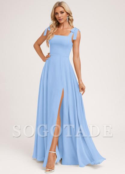 A-shaped square bow landing chiffon bridesmaid dress