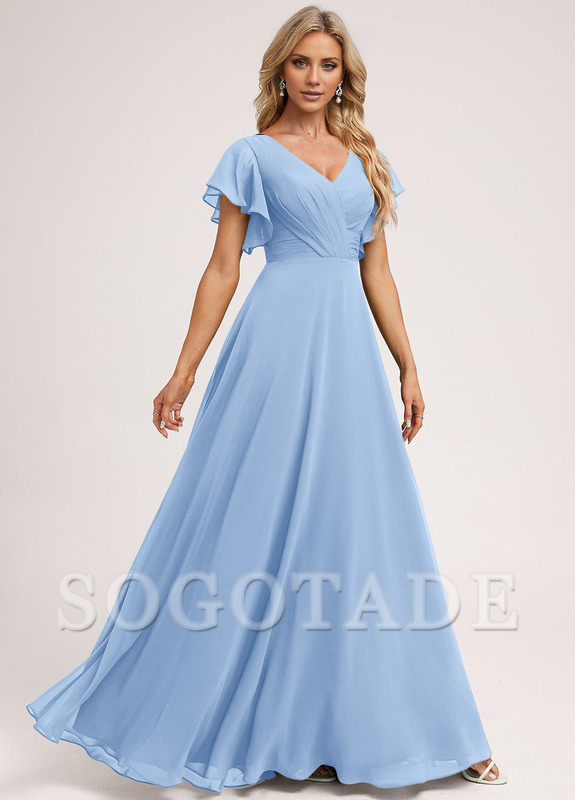 Ruffle A-line V-neck and floor chiffon bridesmaid dress