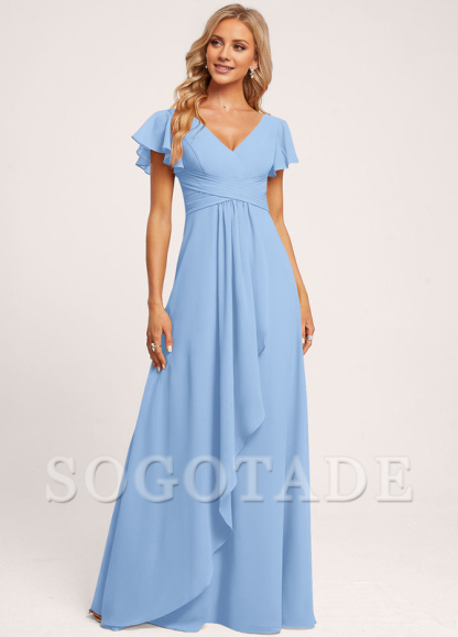 Ruffle A-line V-neck and floor chiffon bridesmaid dress