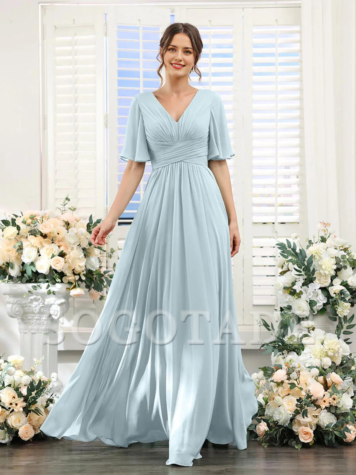 A-shaped V-shaped leader bridesmaid dress, suitable for wedding guests, long chiffon formal slit party dress