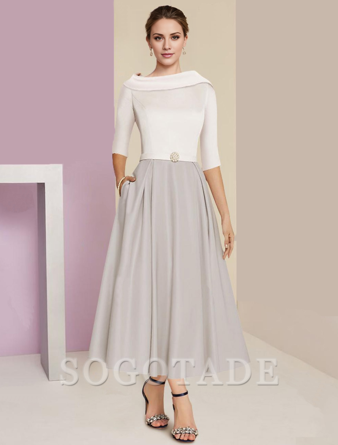 A-Line Mother of the Bride Dress Wedding Guest Elegant Vintage Jewel Neck Tea Length Charmeuse Half Sleeve with Pleats Crystals