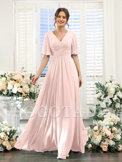 A-shaped V-shaped leader bridesmaid dress, suitable for wedding guests, long chiffon formal slit party dress