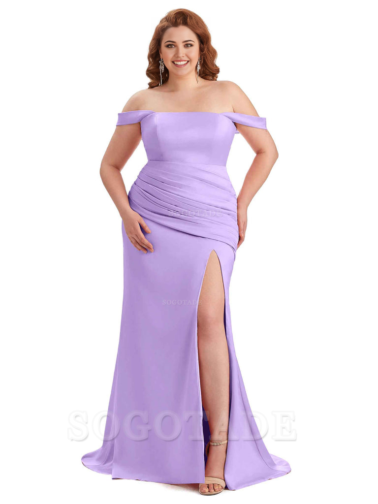  Sexy Off Shoulder Side Hight Slit Sleeveless Mermaid Soft Satin Long Plus Size Bridesmaid Dress For Wedding