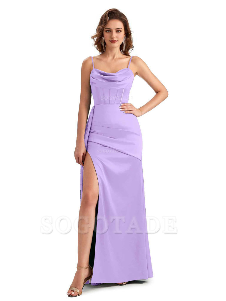 Sexy Side Slit Mermaid Silky Satin Spaghetti Straps Unique Wedding Guest Dresses