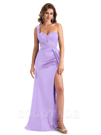 Sexy Mermaid Silky Satin Side Slit One Shoulder Unique Long Wedding Guest Dresses