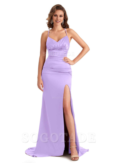 Sexy Mermaid Silky Satin Side Slit One Shoulder Unique Long Wedding Guest Dresses