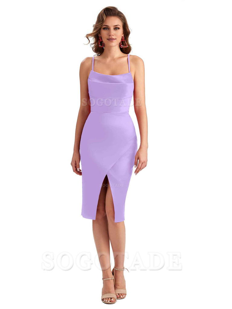 Elegant Spaghetti Straps Mermaid Soft Satin Knee Length Short Bridesmaid Dresses
