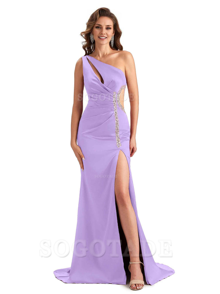 Sexy Side Slit Mermaid Soft Satin One Shoulder Lace Long Bridesmaid Dresses