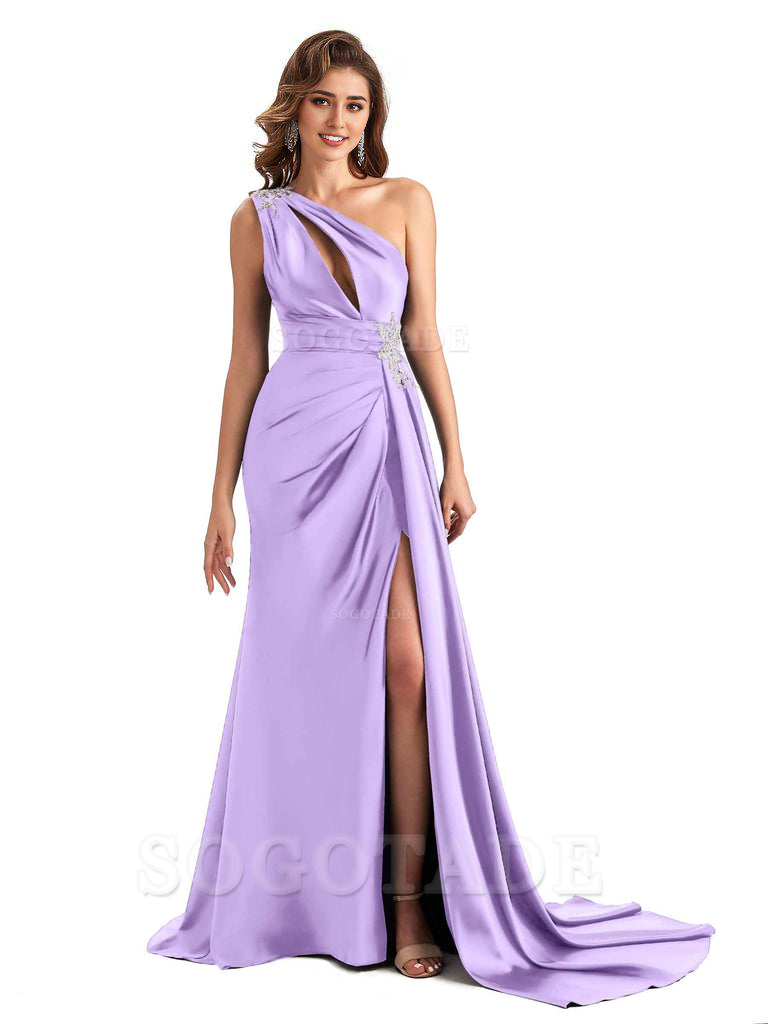 Sexy Side Slit Mermaid Soft Satin One Shoulder Lace Long Modern Bridesmaid Dresses