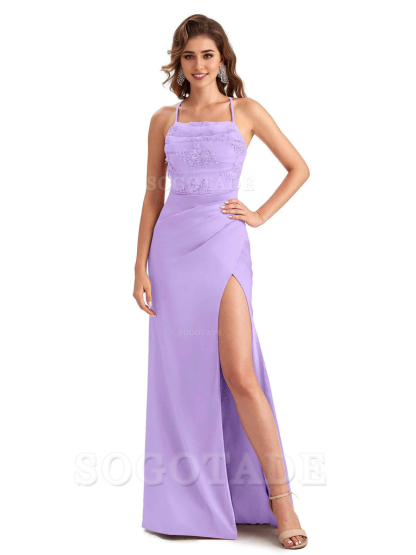 Sexy Side Slit Mermaid Lace Silky Satin Long Wedding Day Guest Dresses