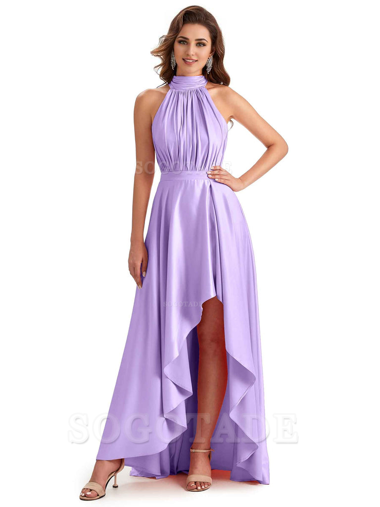 Soft Satin High Neck High Low A-Line Unique Bridesmaid Dresses Online