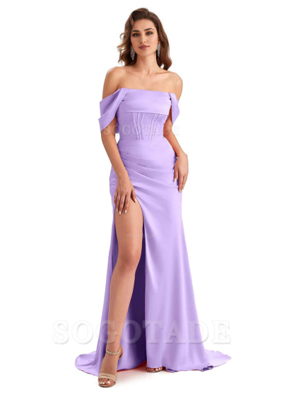 Sexy Side Slit Mermaid Soft Satin Off The Shoulder Unique Long Wedding Attendee Dresses