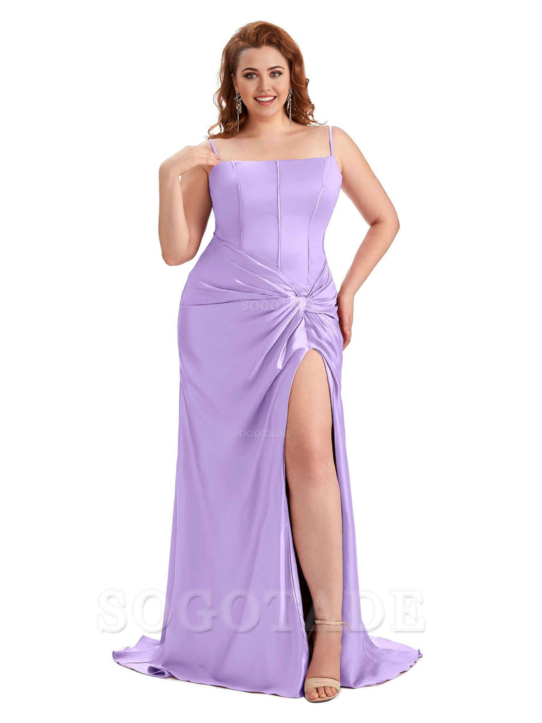Sexy Spaghetti Straps Side Slit Mermaid Soft Satin Pleated Floor Length Long Plus Size Bridesmaid Dress