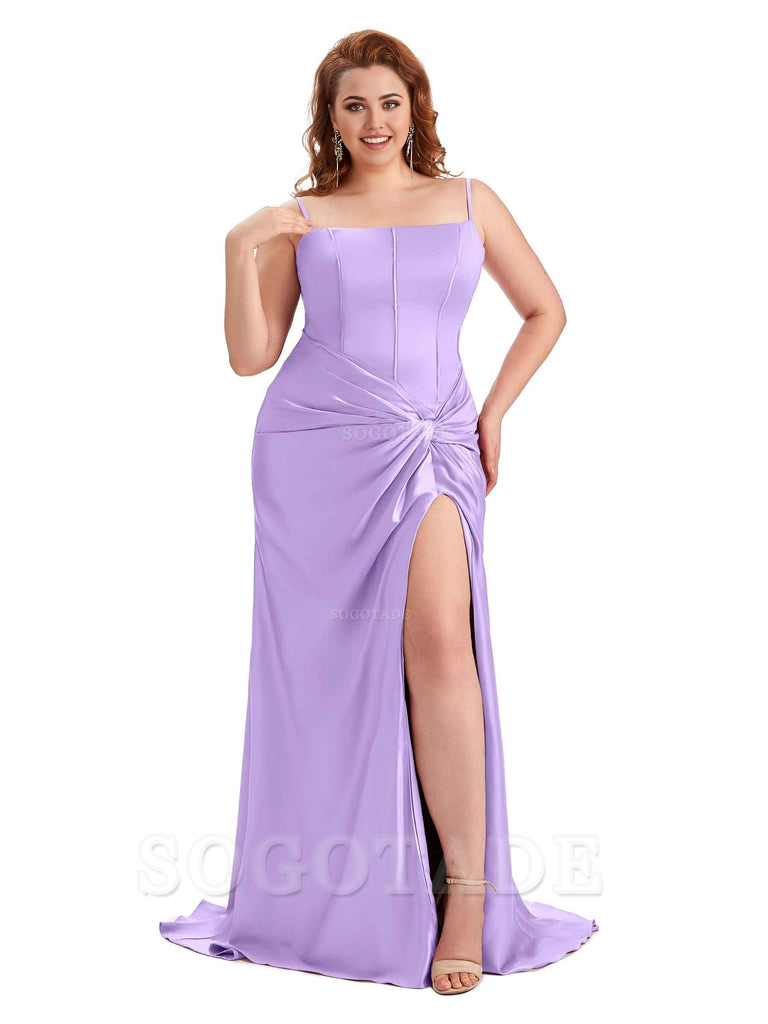 Sexy Spaghetti Straps Side Slit Mermaid Soft Satin Pleated Floor Length Long Plus Size Bridesmaid Dress