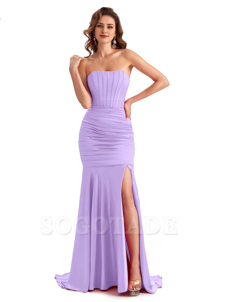 Sexy Strapless Side Slit Mermaid Silky Satin Formal Bridesmaid Dresses
