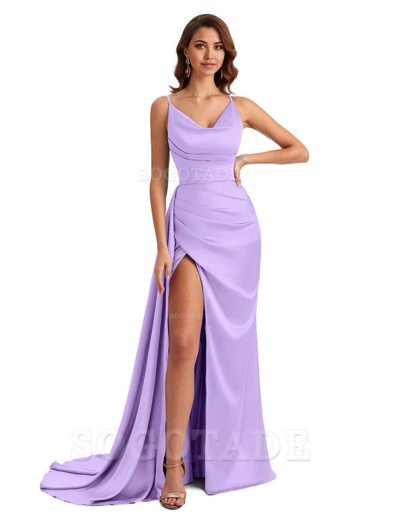 Mermaid Cowl Spaghetti Satin formal dresses evening gown Bridesmaid Dresses With Side Slit