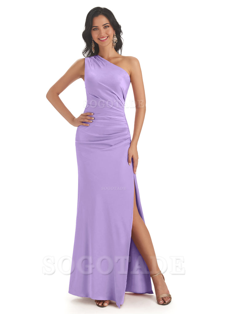 Mermaid One Shoulder Satin formal dresses evening gown Bridesmaid Dresses With Side Slit 