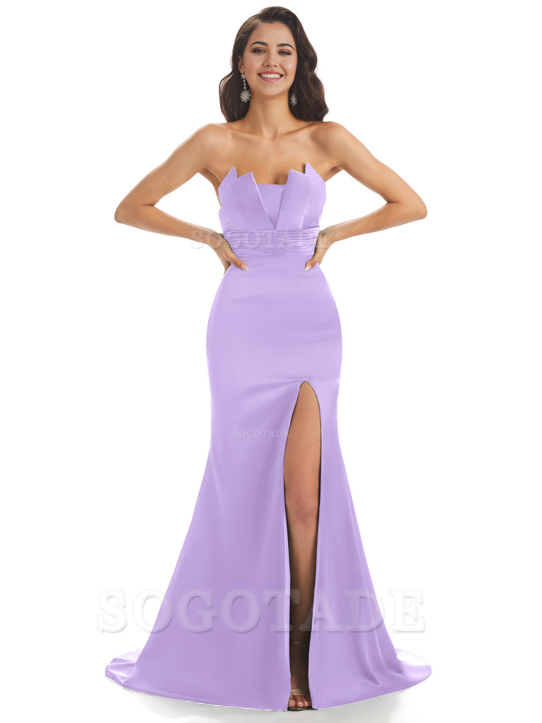 Mermaid sleeveless Satin formal dresses evening gown Bridesmaid Dresses With Side Slit 