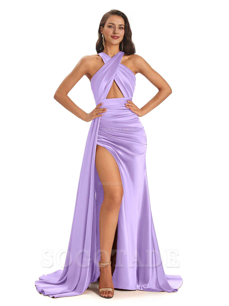 Sexy Soft Satin Halter Side Slit Floor-Length Maxi Mermaid Bridesmaid Dresses Online prom dress shop ﻿