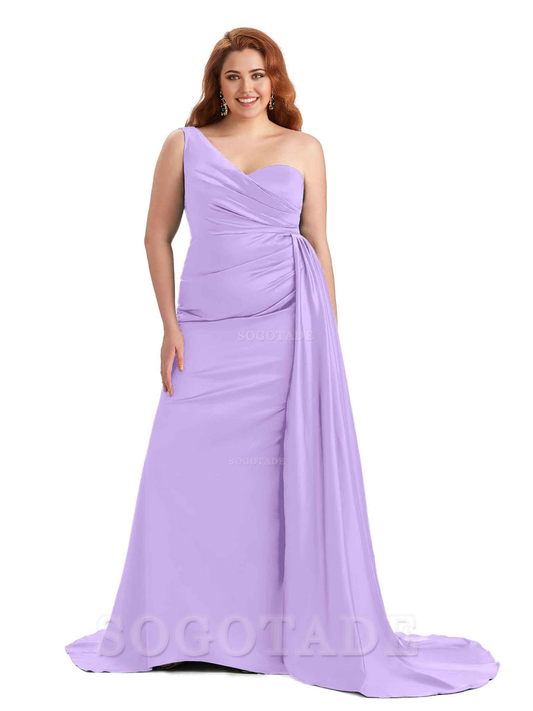 Sexy One Shoulder Sleeveless Mermaid Soft Satin Long Plus Size With Train Bridesmaid Gowns