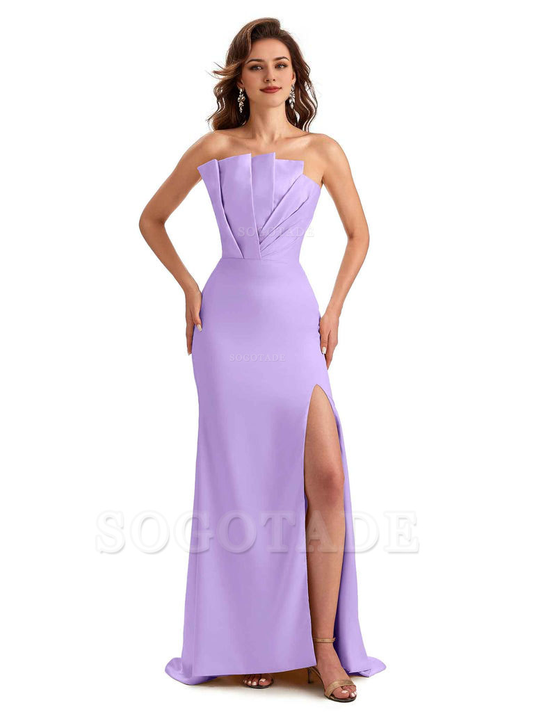 Unique Soft Satin Side Slit Asymmetrical Neckline Mermaid Long Bridesmaid Dresses