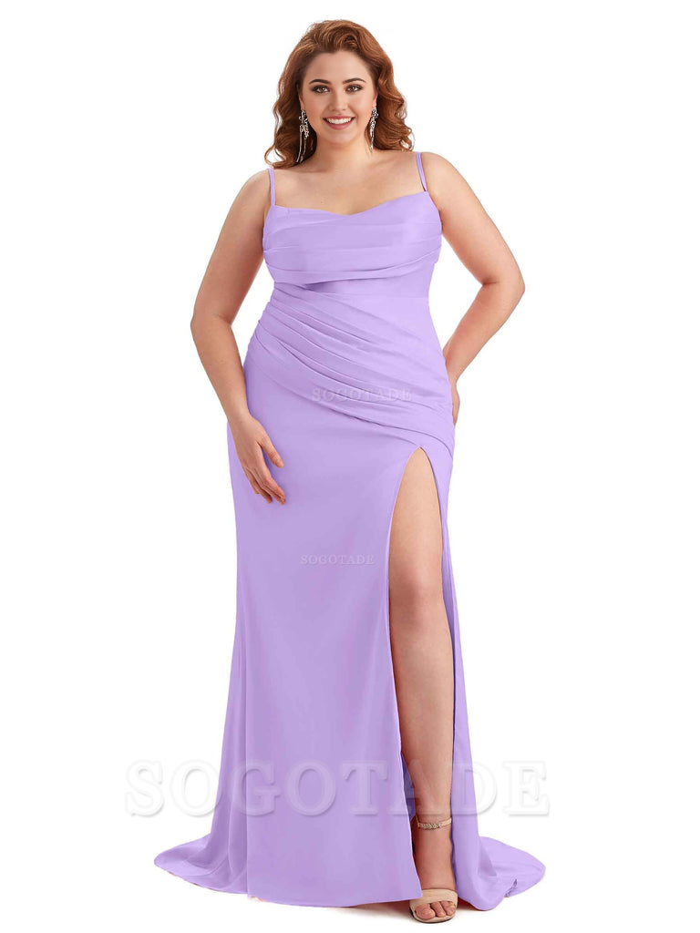 Sexy Side Slit Spaghetti Straps Mermaid Soft Satin Long Plus Size Bridesmaid Dress For Wedding