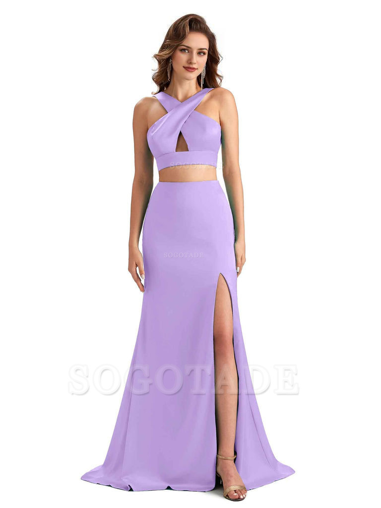 Sexy Side Slit Mermaid Silky Satin Halter Two Pieces Unique Long Bridesmaid Dresses