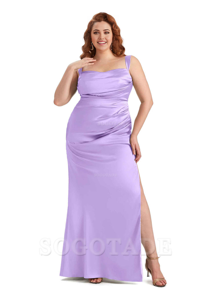 Sexy Side Slit Mermaid Wide Straps Soft Satin Long Plus Size Maid of Bridesmaid Dresses