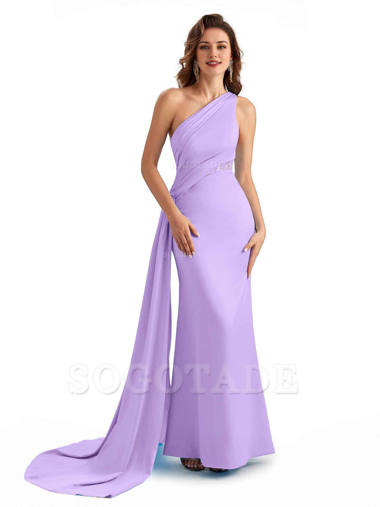 Sexy Mermaid Silky Satin One Shoulder Lace See Through Long Bridesmaid Dresses Online