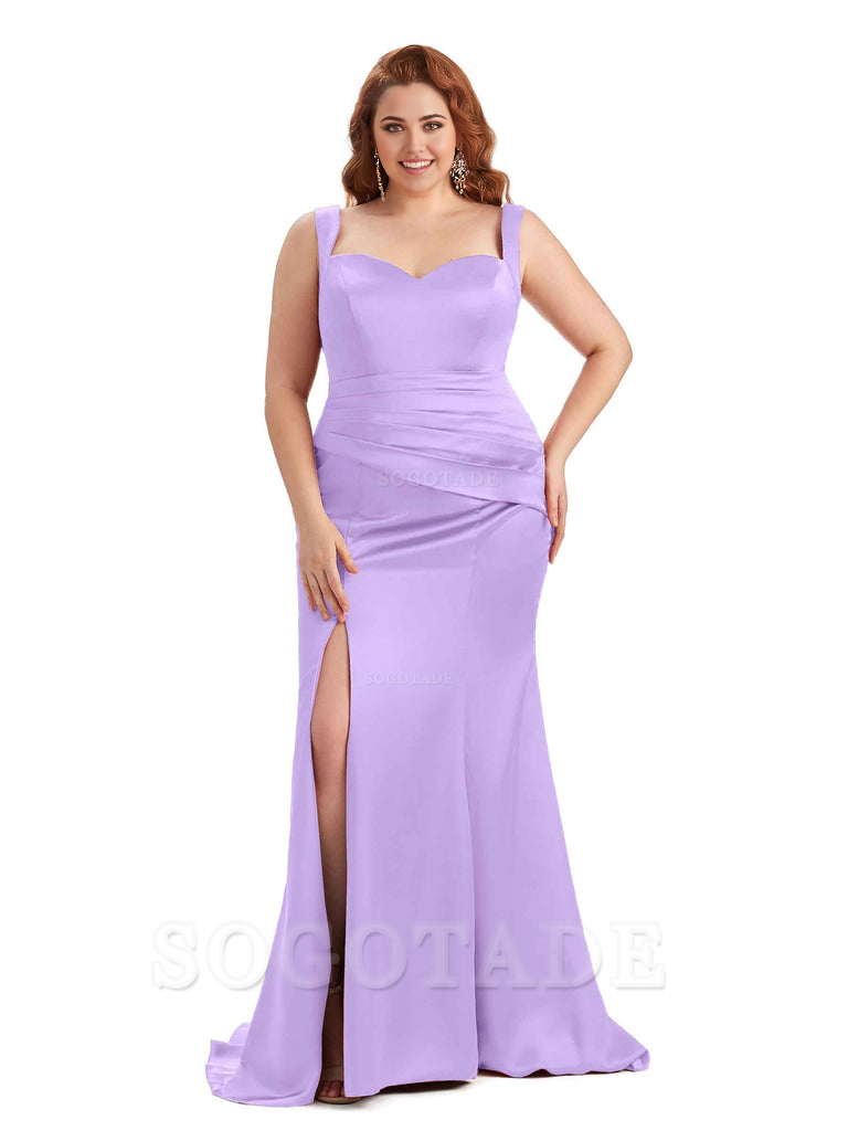 Sexy Side Slit Sleeveless Mermaid Straps Soft Satin Long Plus Size Maid of Bridesmaid Dresses