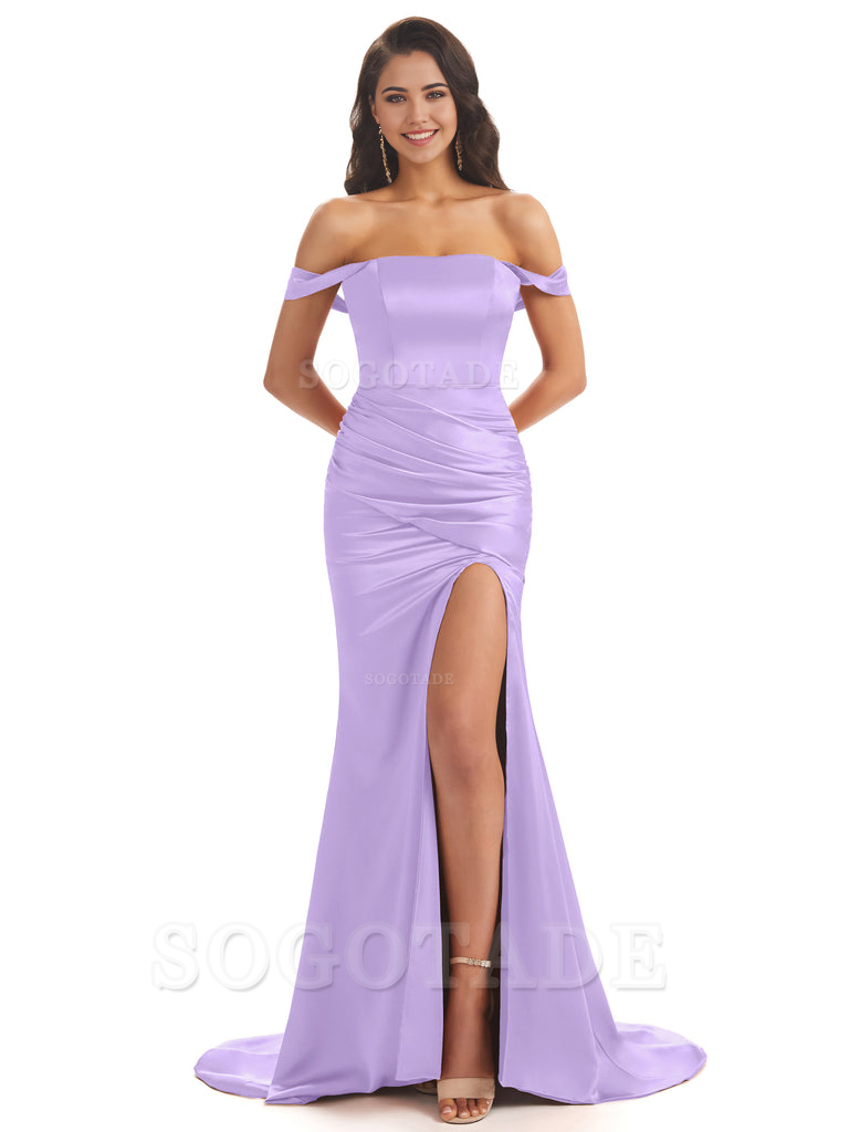 Mermaid Off Shoulder Floor-Length Satin formal dresses evening gown Bridesmaid Dresses With Side Slit 
