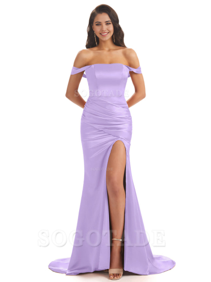Mermaid Off Shoulder Floor-Length Satin formal dresses evening gown Bridesmaid Dresses With Side Slit 