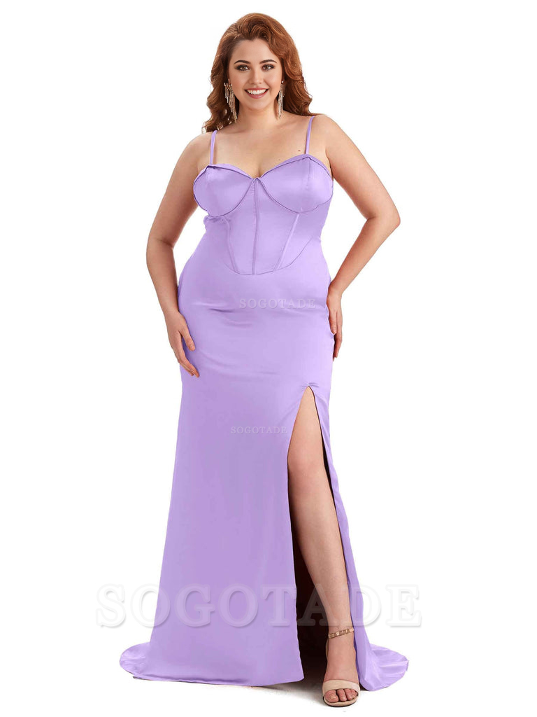 Sexy Spaghetti Straps Side Slit Sleeveless Mermaid Soft Satin Long Bridesmaid Dress Plus Size Dress To Wear to a Wedding