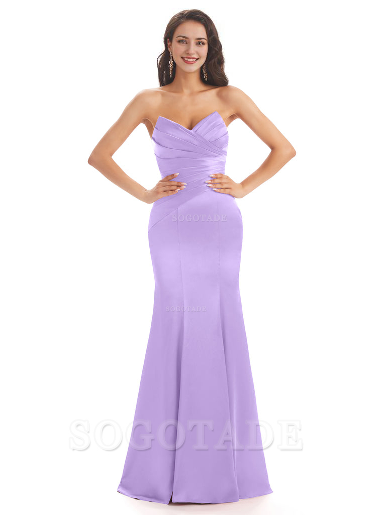 Simple Strapless Sweetheart Soft Satin Mermaid Long Bridesmaid Dresses prom shop dresses