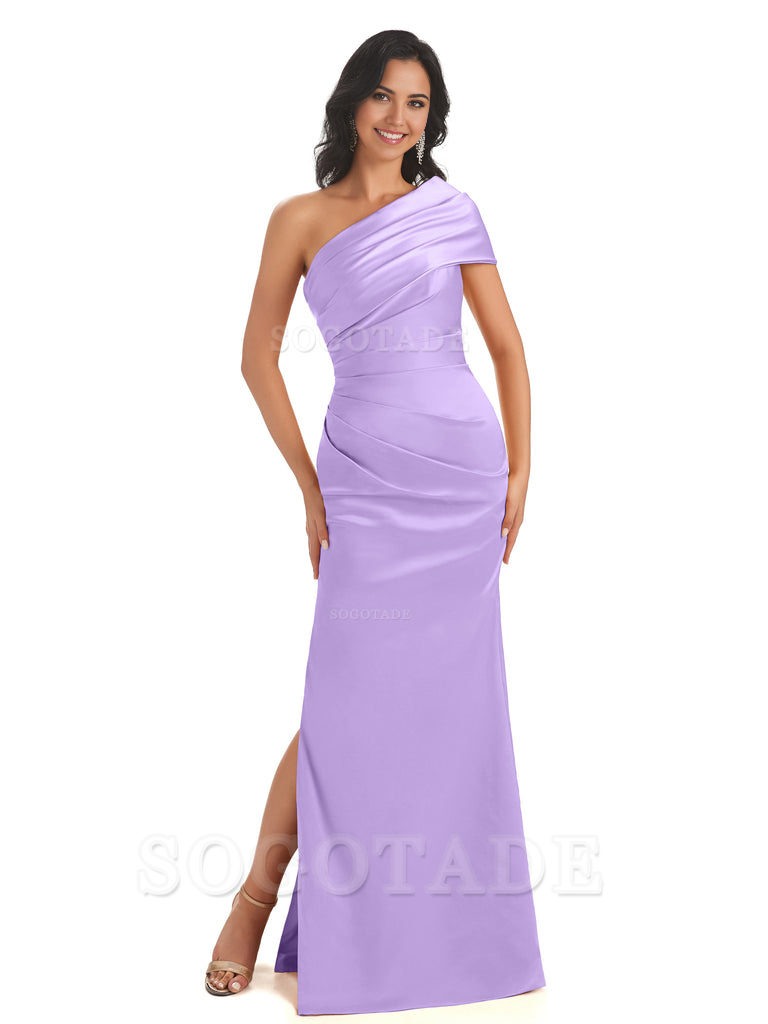 Mermaid One Shoulder Satin Long formal dresses evening gown Bridesmaid Dresses With Side Slit 