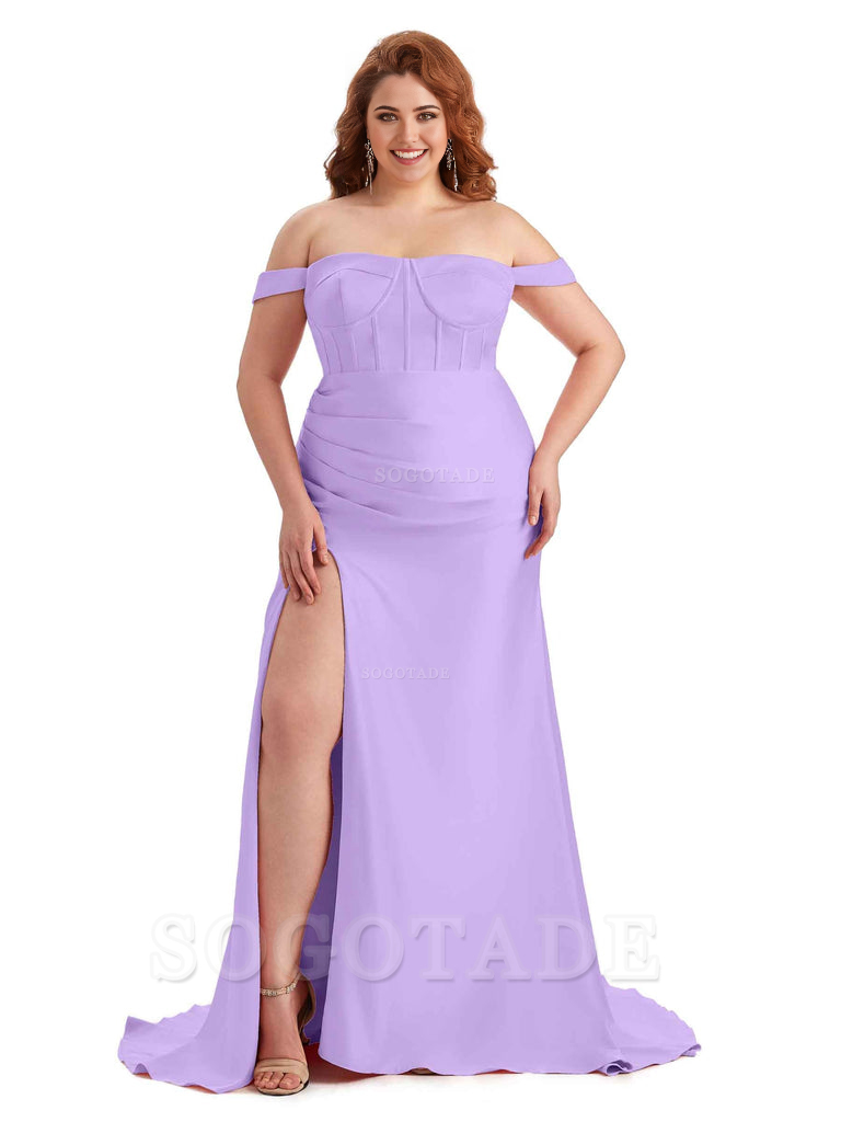 Elegant Off The Shoulder Side Slit Mermaid Soft Satin Floor Length Long Plus Size Bridesmaid Gowns
