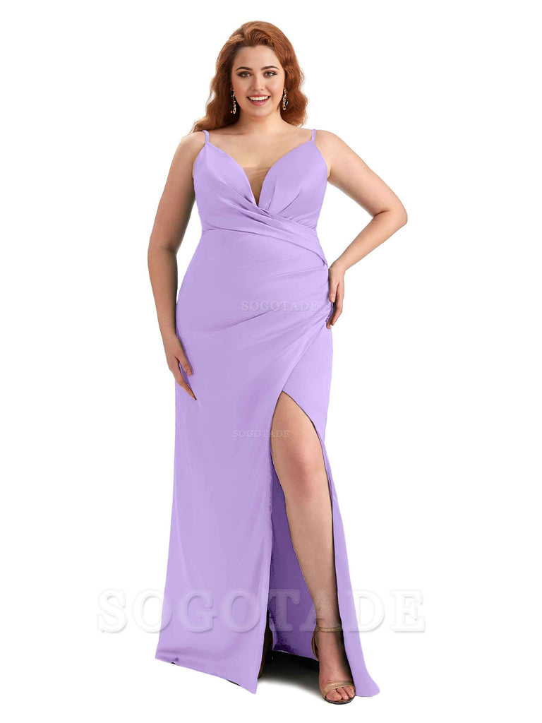 Sexy Side Slit Spaghetti Straps Sleeveless Mermaid V-neck Soft Satin Long Plus Size Bridesmaid Dress For Wedding