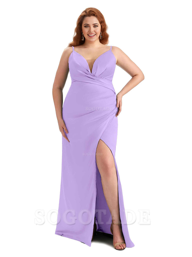 Sexy Side Slit Spaghetti Straps Sleeveless Mermaid V-neck Soft Satin Long Plus Size Bridesmaid Dress For Wedding