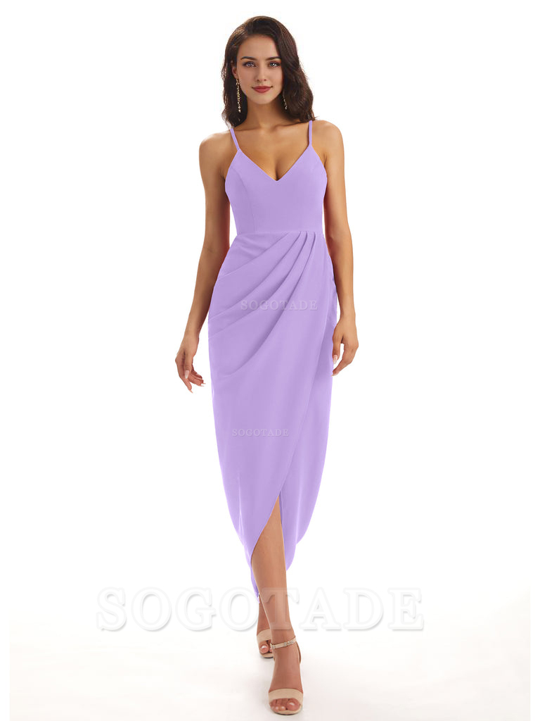 Simple Soft Satin Spaghetti Straps Mermaid Midi Bridesmaid Dresses prom shop dresses
