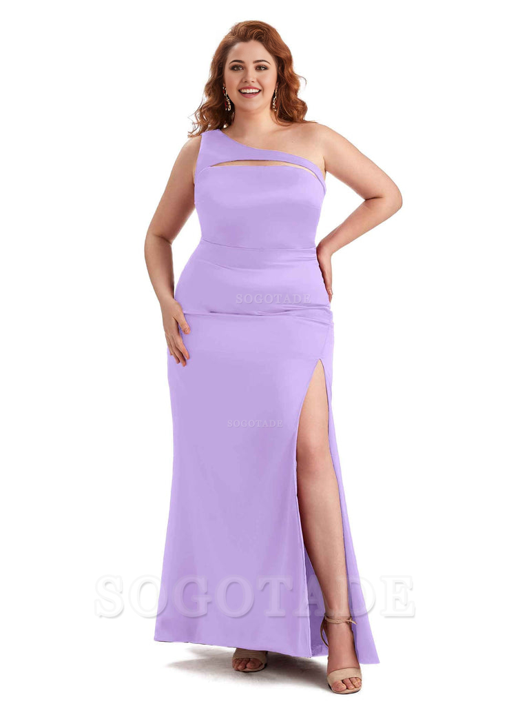 Sexy Mermaid Sleeveless One Shoulder Side Slit Soft Satin Long Plus Size Bridesmaid Dress For Wedding