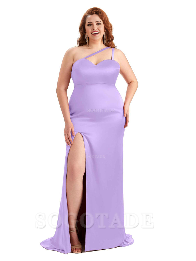 Sexy Side Slit Sleeveless Mermaid One Shoulder Soft Satin Long Plus Size Bridesmaid Dress For Wedding