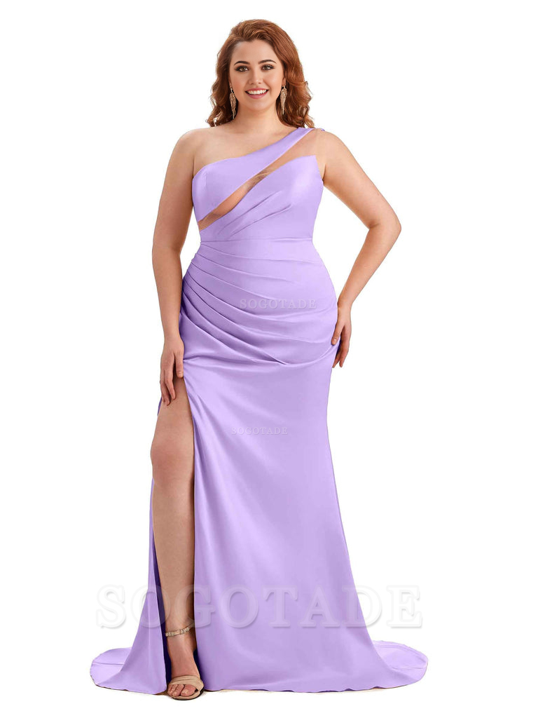 Sexy Unique Sleeveless One Shoulder Side Hight Slit Mermaid Soft Satin Long Plus Size Maid of Honour Dresses