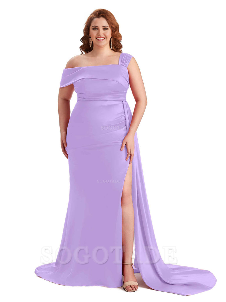 Sexy Side Hight Slit One Shoulder Mermaid Soft Satin Long Plus Size With Train Matron of Honor Dresses