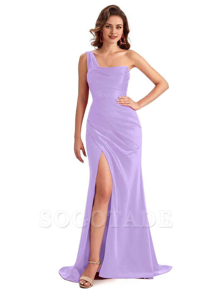 Sexy One Shoulder Side Slit Silky Satin Chic Long Mermaid Trumpet Bridesmaid Dress