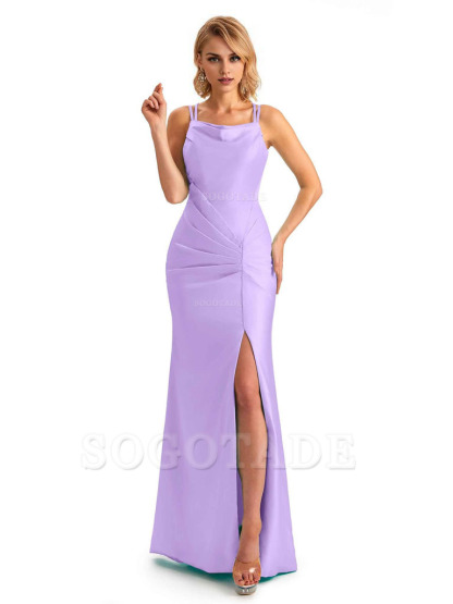 Soft Satin Spaghetti Straps Side Slit Long Unique Mermaid Beautiful Dresses For Wedding